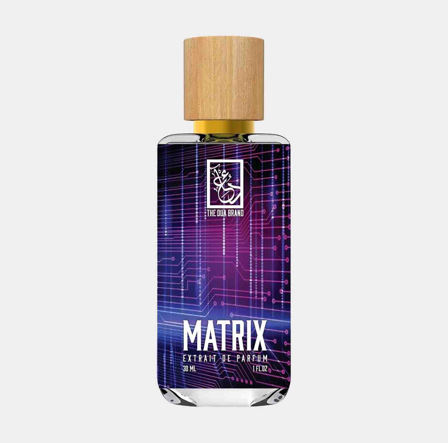 Dua Matrix Sample is een flacon met 30 ml parfum, gekarakteriseerd door een modern ontwerp met een houten dop en een kleurrijke, technische achtergrond. Deze parfum biedt een unieke geurervaring in een stijlvolle verpakking.