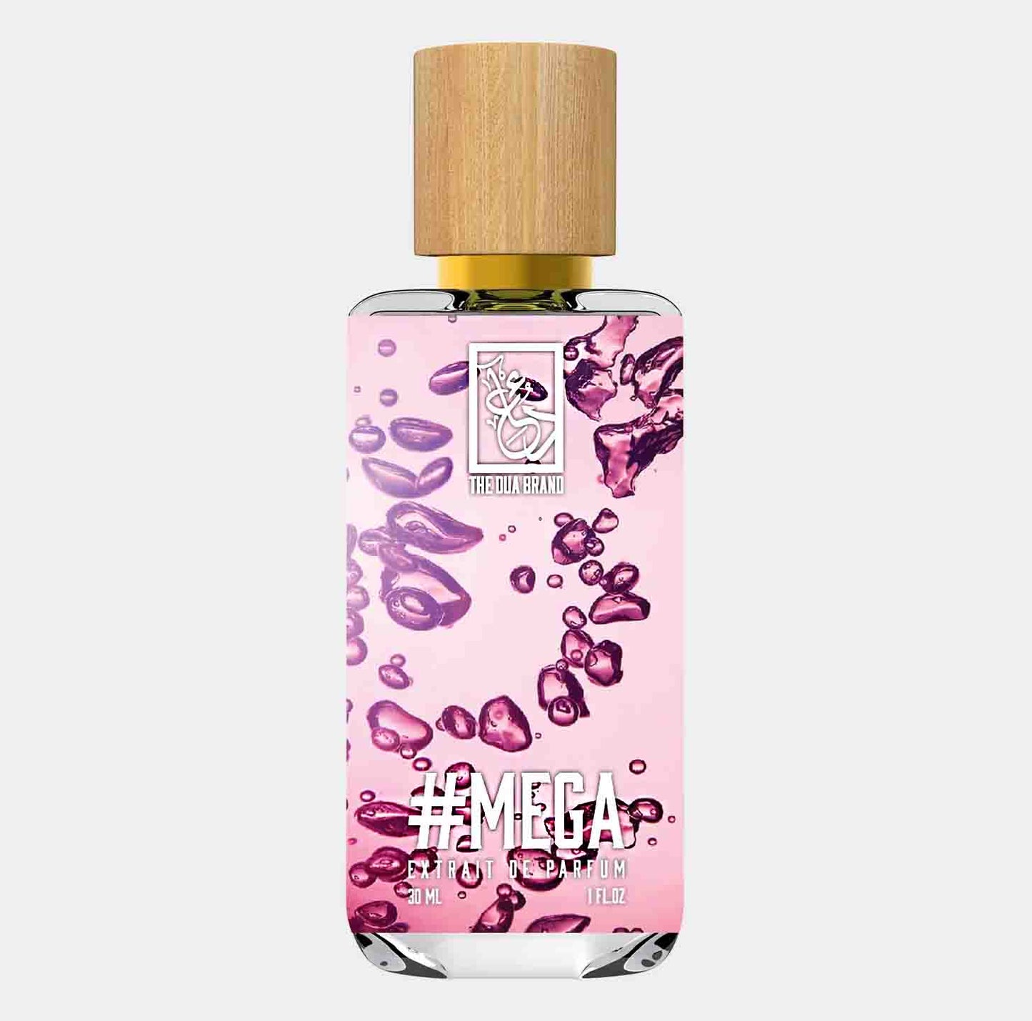 Dua Mega Sample - een flesje met 30 ml parfum, gekenmerkt door een stijlvolle houten dop en een roze label met de tekst #MEGA, omringd door druppels.