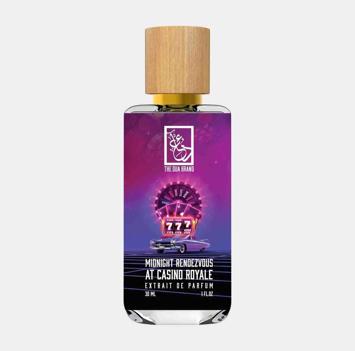 Flesje van Dua Midnight Rendezvous at Casino Royale Sample, een 31 ml extrait de parfum met een kleurrijke, speelse verpakking en een houten dop.