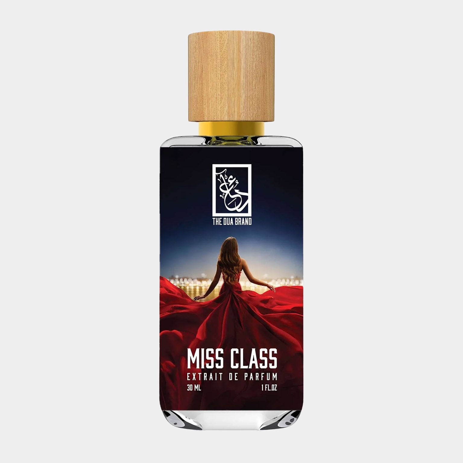 Dua Miss Class Sample - een elegante parfumflacon van 30 ml met een prachtig ontwerp, featuring een vrouw in een rode jurk op de achtergrond.