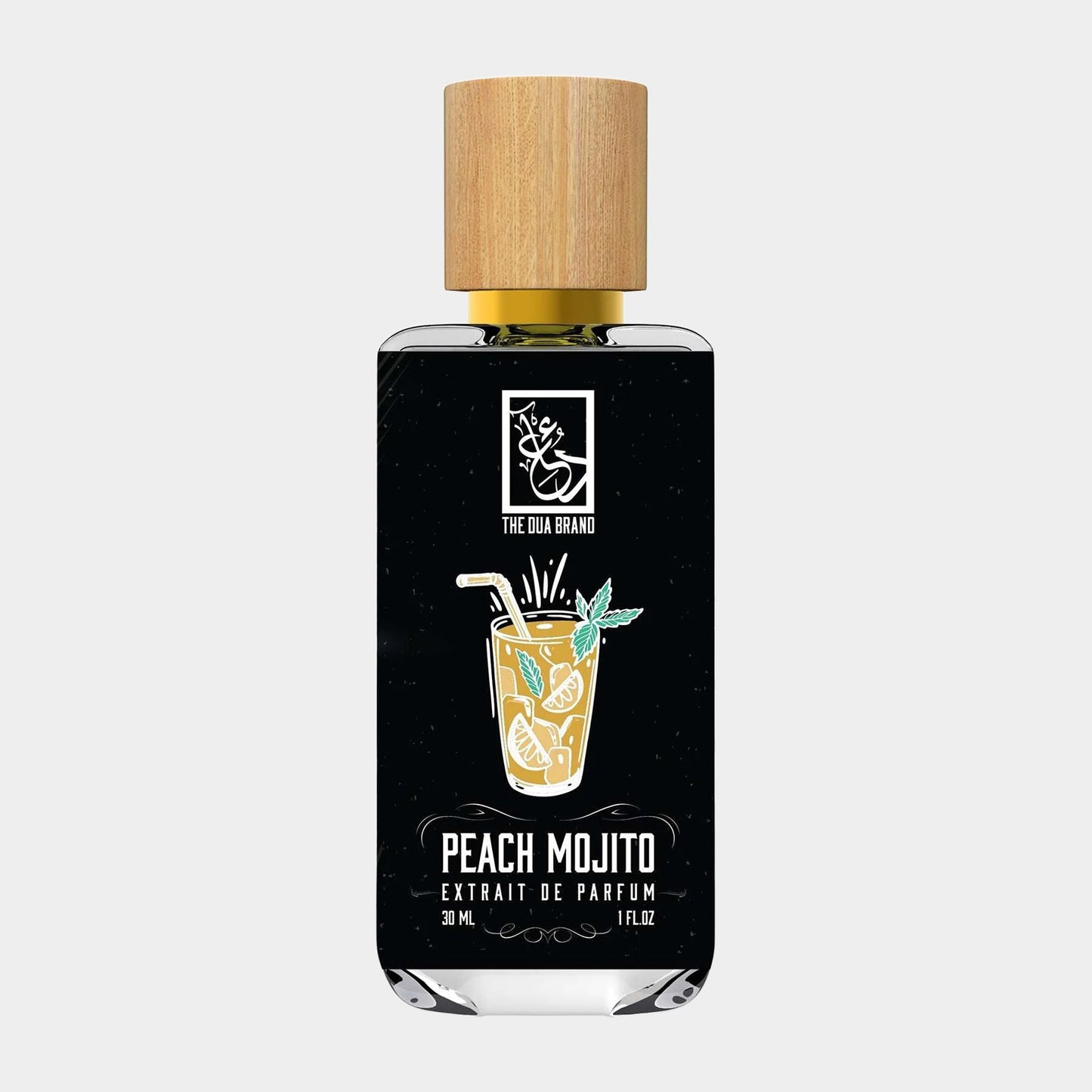 Dua Peach Mojito Sample, een 30 ml parfumextrait verpakt in een elegante fles met houten dop, afgebeeld met een frisse cocktailmotief.
