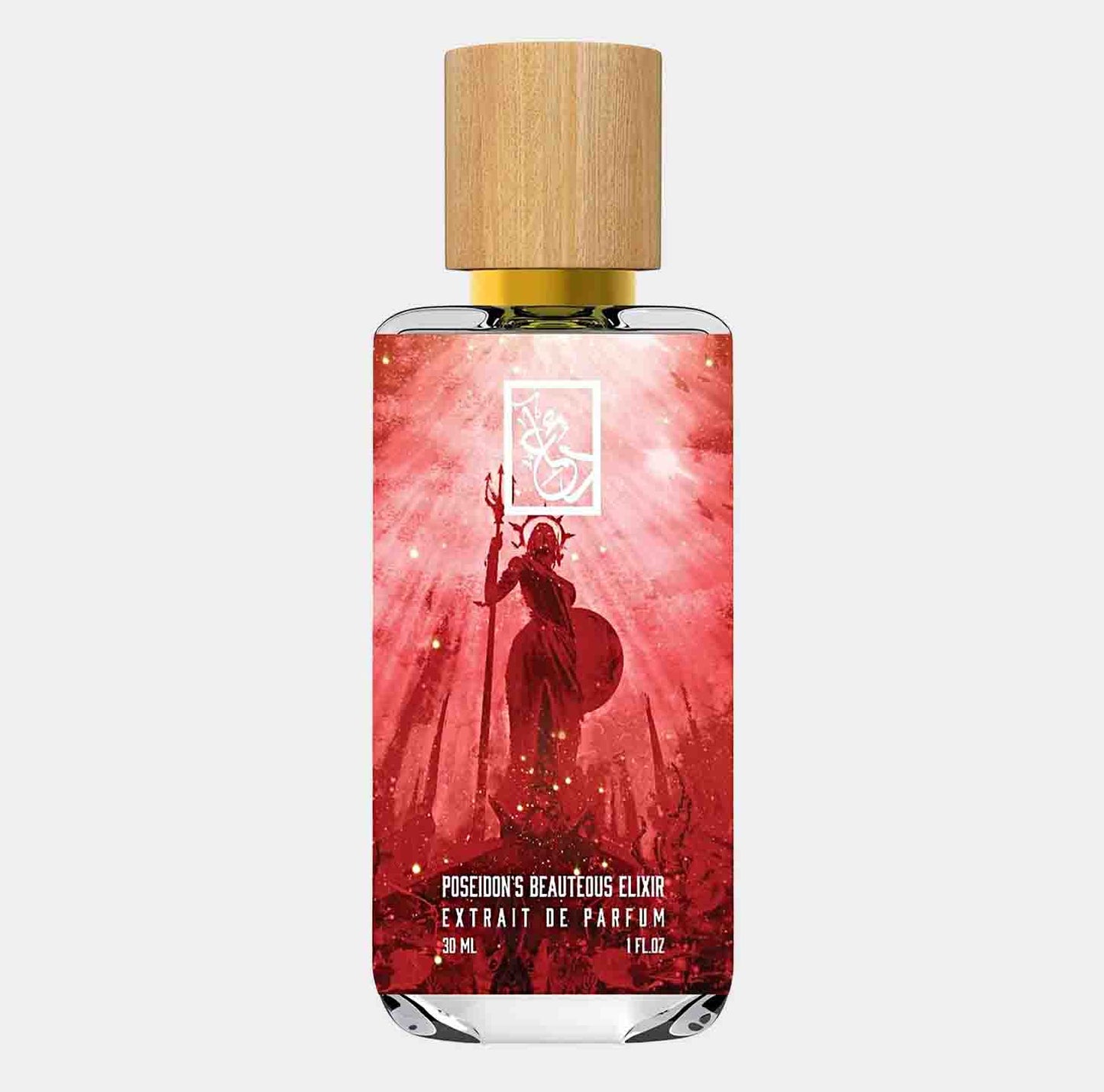 Detail van de Dua Poseidons Beauteous Elixir Sample, een flacon van 30 ml parfum met een betoverende afbeelding van Poseidon op de achtergrond. De fles heeft een elegante houten dop en een opvallende, levendige verpakking.