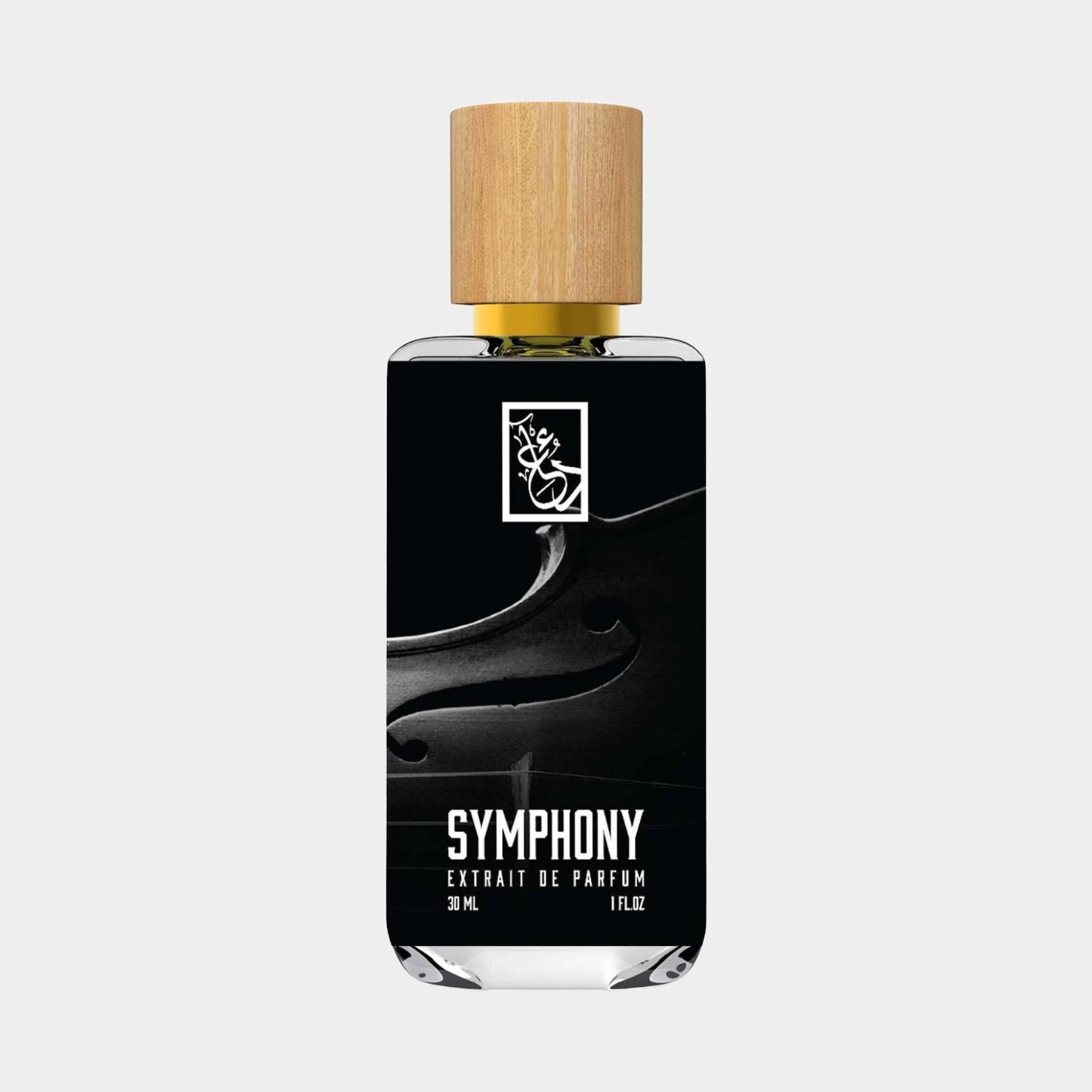 Dua Symphony Sample is a stylish geur-extrait in een elegante fles van 30 ml, met een houten dop en een zwarte verpakking die luxe uitstraalt.