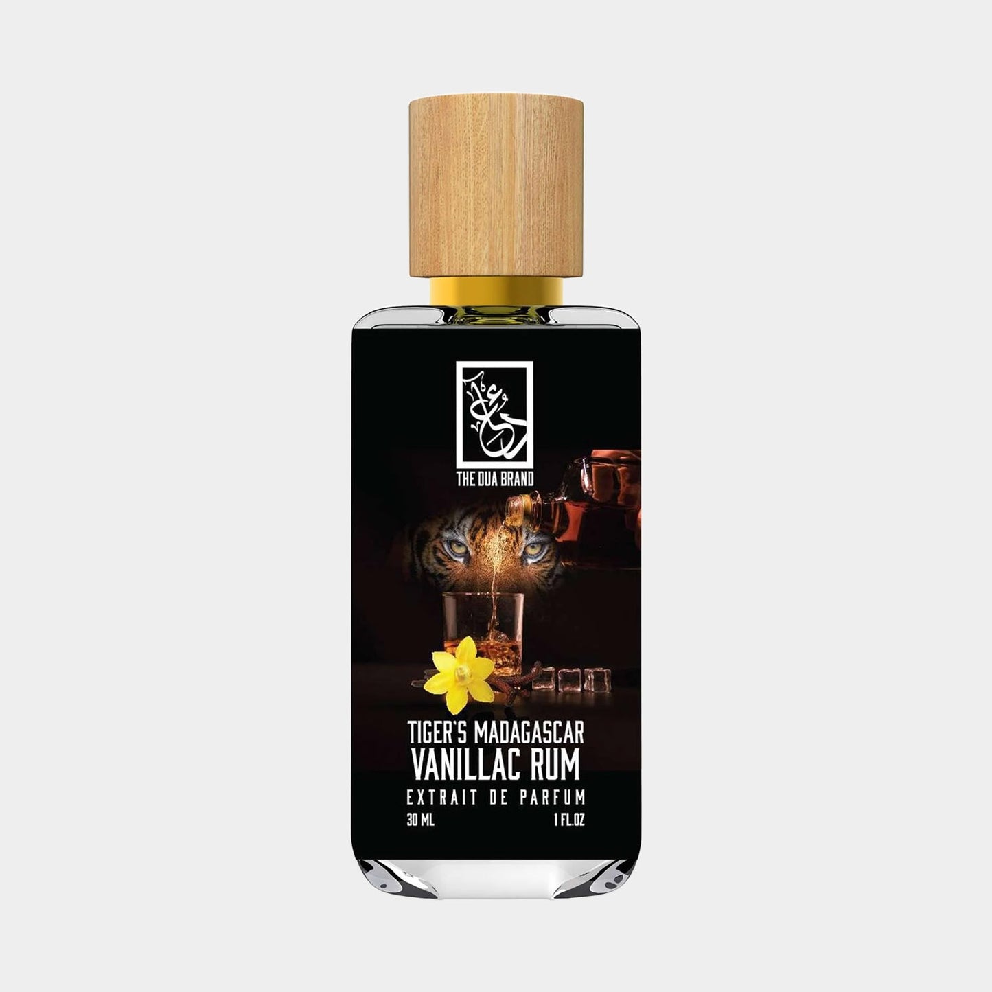 Dua Tigers Madagascar Vanillac Rum Sample in een elegante fles van 30 ml, met een houten dop en een afbeelding van een tijger en een vanillebloem op de verpakking.