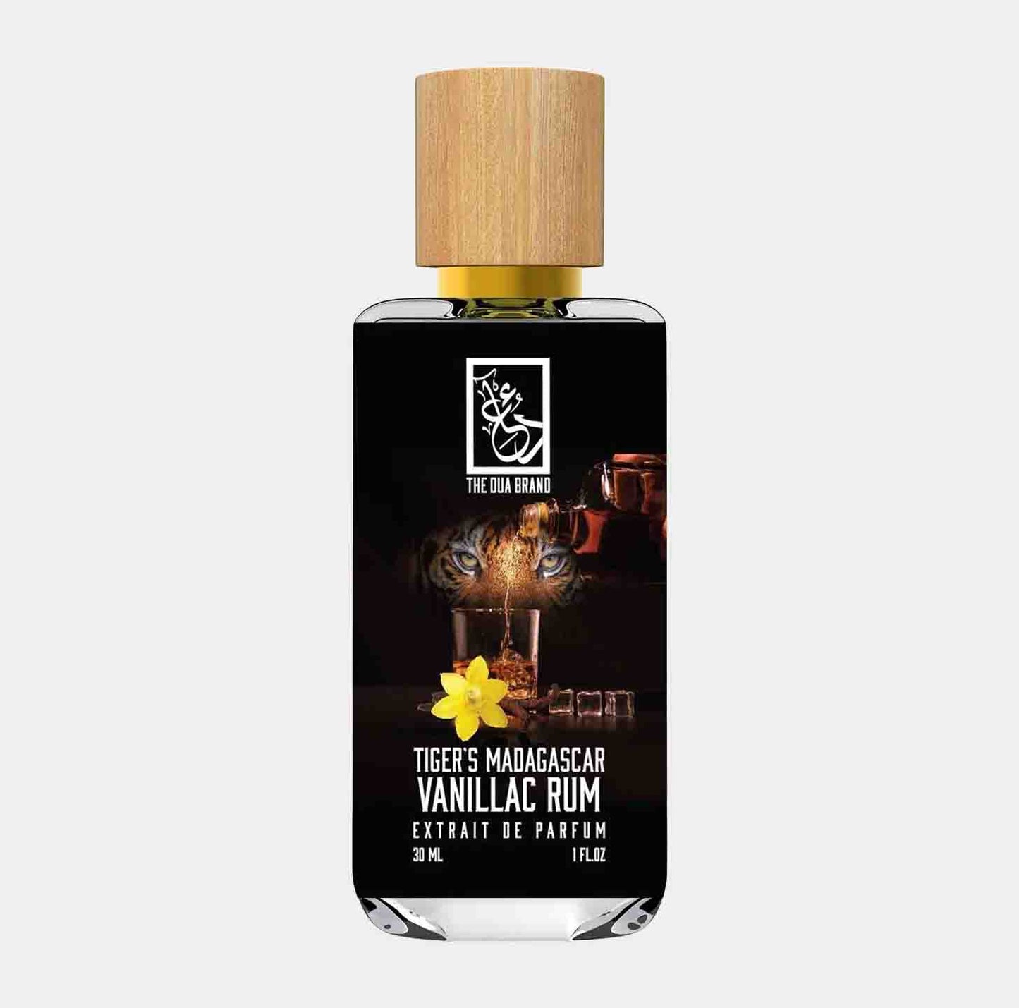 Dua Tigers Bois Oudh Sample, een flacon van 30 ml parfum met een elegant ontwerp en een houten dop, geïnspireerd op exotische geuren.