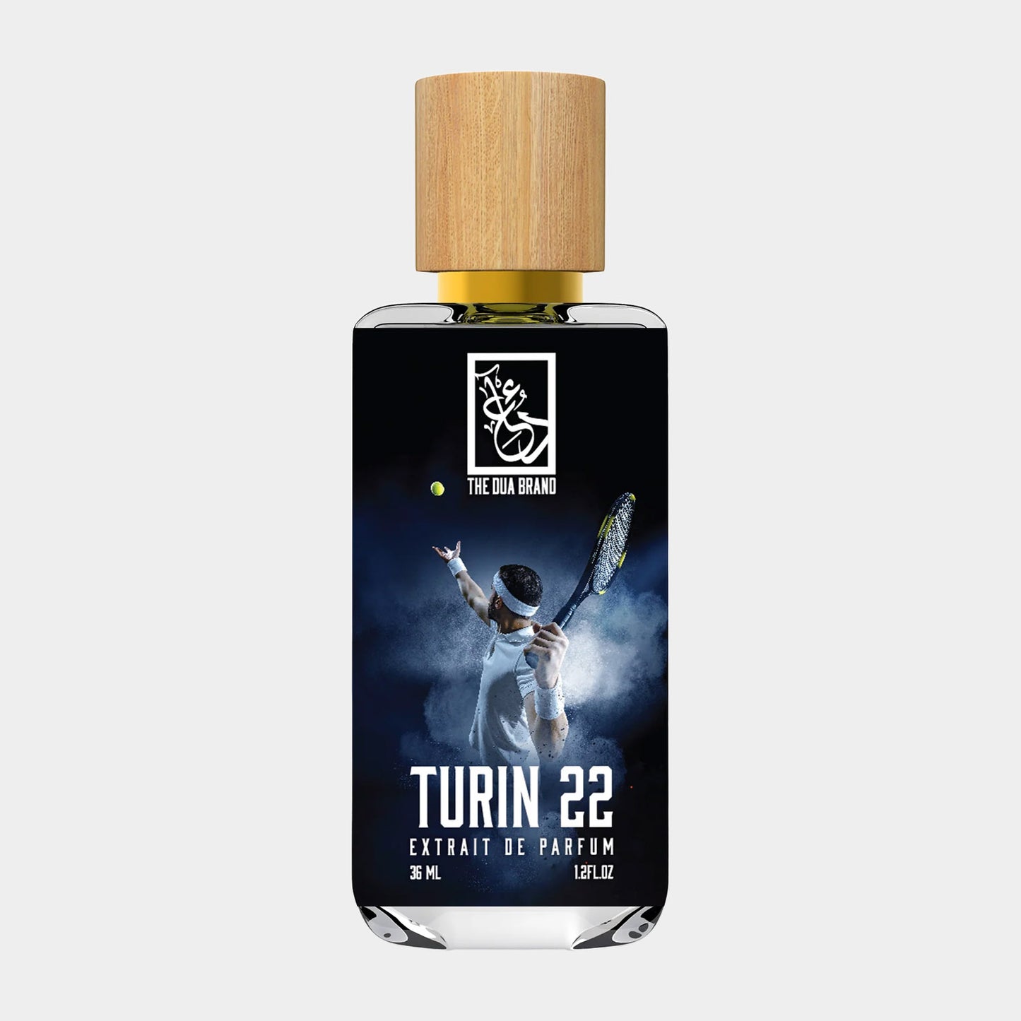 Fles van Dua Turin 22, een parfum van 36 ml met een sportieve uitstraling, afgewerkt met een houten dop.