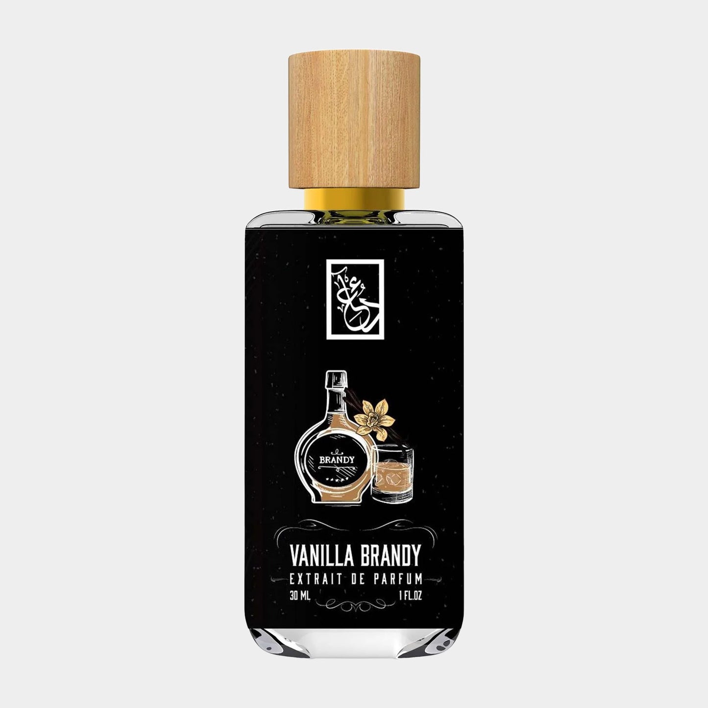 Flesje van 30 ml van Dua Vanilla Brandy Sample, een luxe parfum met een elegante verpakking en een houten dop. Het parfum belooft een warme, vanilleachtige geur.
