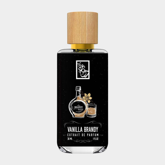 Flesje van 30 ml van Dua Vanilla Brandy Sample, een luxe parfum met een elegante verpakking en een houten dop. Het parfum belooft een warme, vanilleachtige geur.