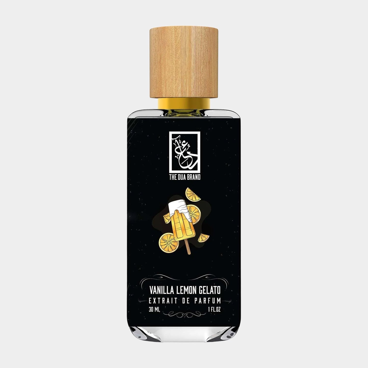 Dua Vanilla Lemon Gelato Sample, een 30 ml parfumfles met een houten dop, geïnspireerd door de verfrissende geur van vanille en citroen gelato.