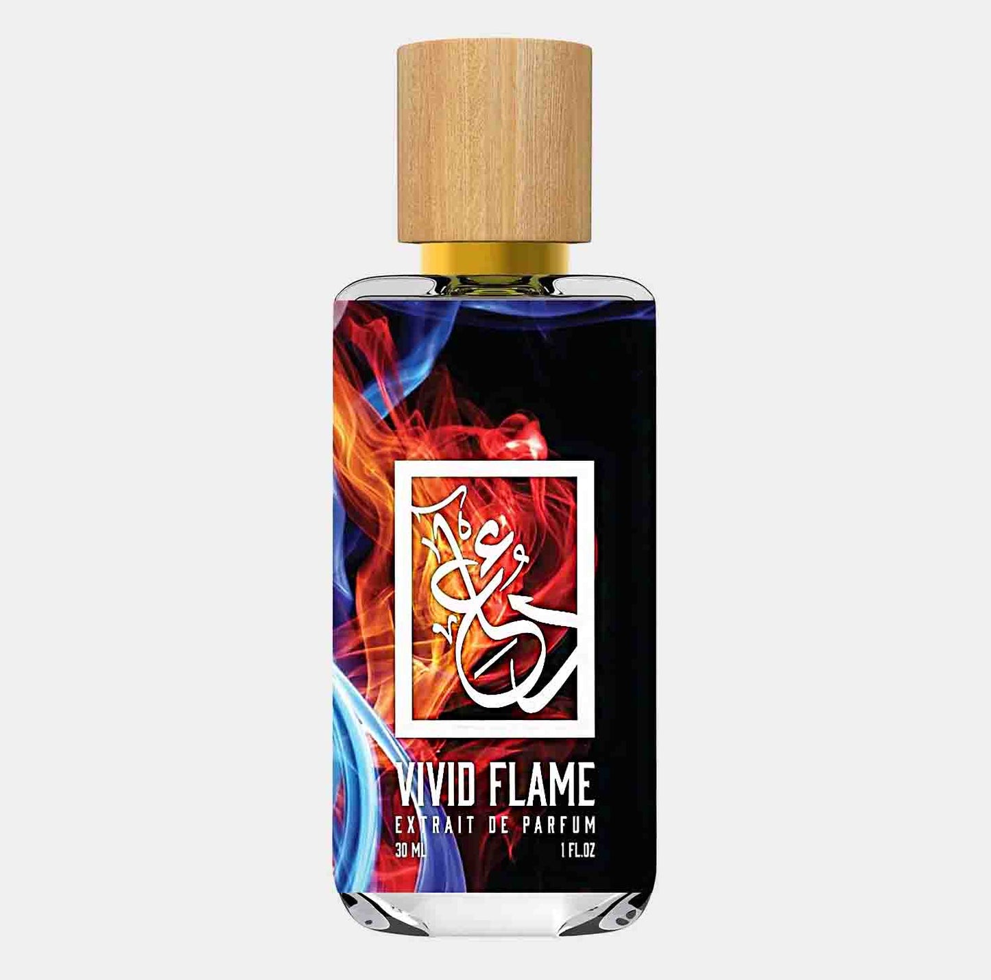 Dua Vivid Flame Sample - een 30 ml parfumfles met een opvallend ontwerp en kleurrijke vlammenillustratie, perfect voor het verkennen van intense geurervaringen.