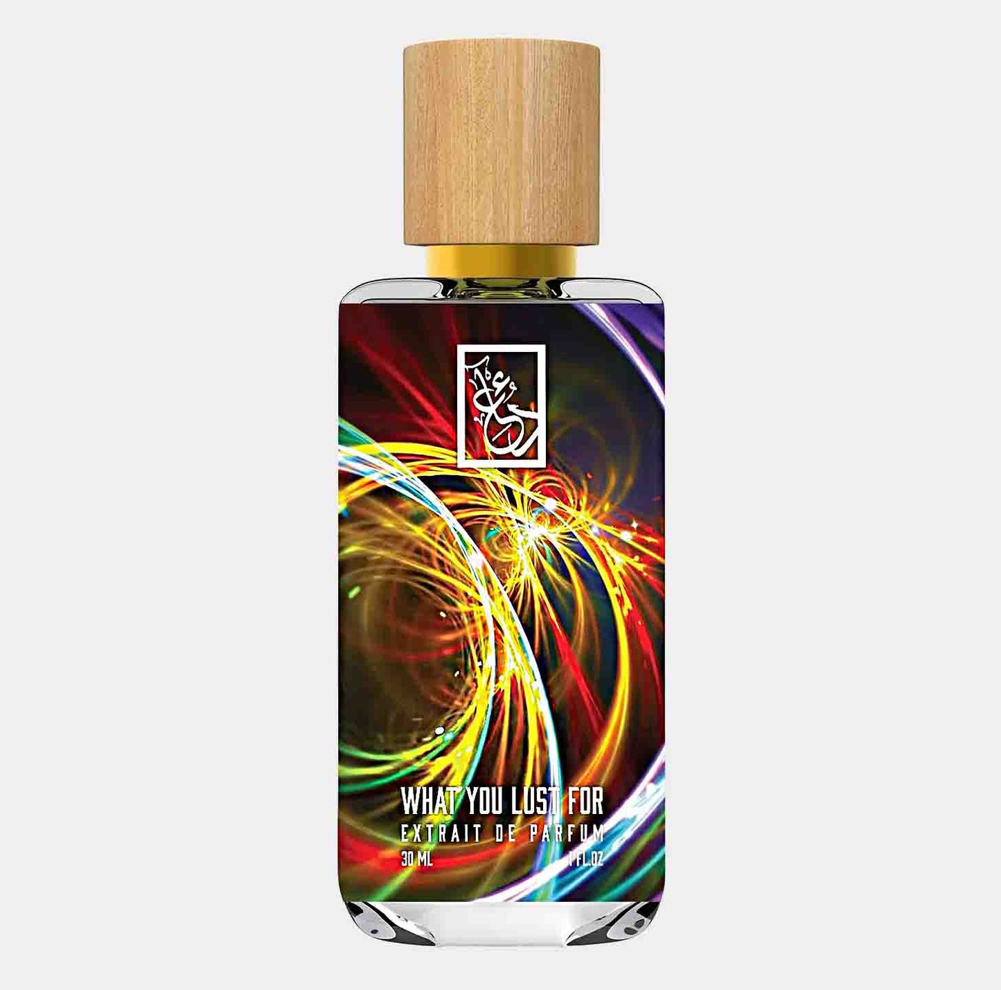Een flesje van 30 ml Dua What You Lust For Sample, met een kleurrijke en abstracte verpakking. Het is een parfum in extrait de parfum concentratie.