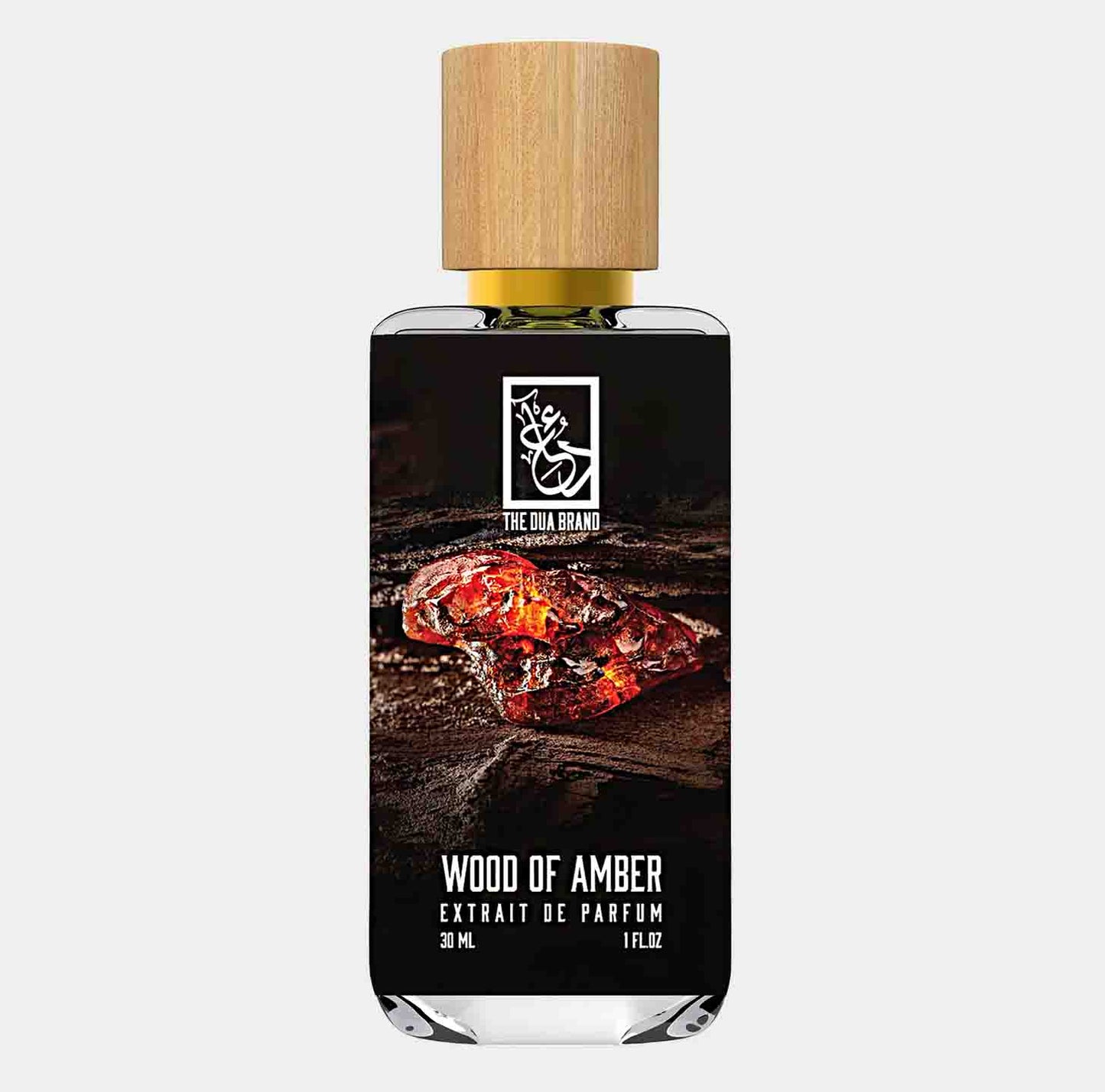 Flesje Dua Wood of Amber Sample van 30 ml met een stijlvolle houten dop, afgebeeld tegen een donkere achtergrond en een stijlvolle branding.