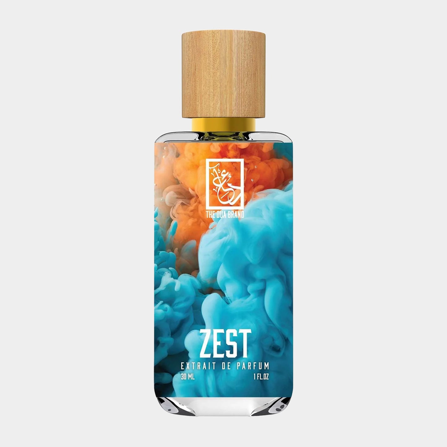 Flesje Dua Zest, een extrait de parfum van 30 ml met een kleurrijke explosie van blauw en oranje wolken op de achtergrond.