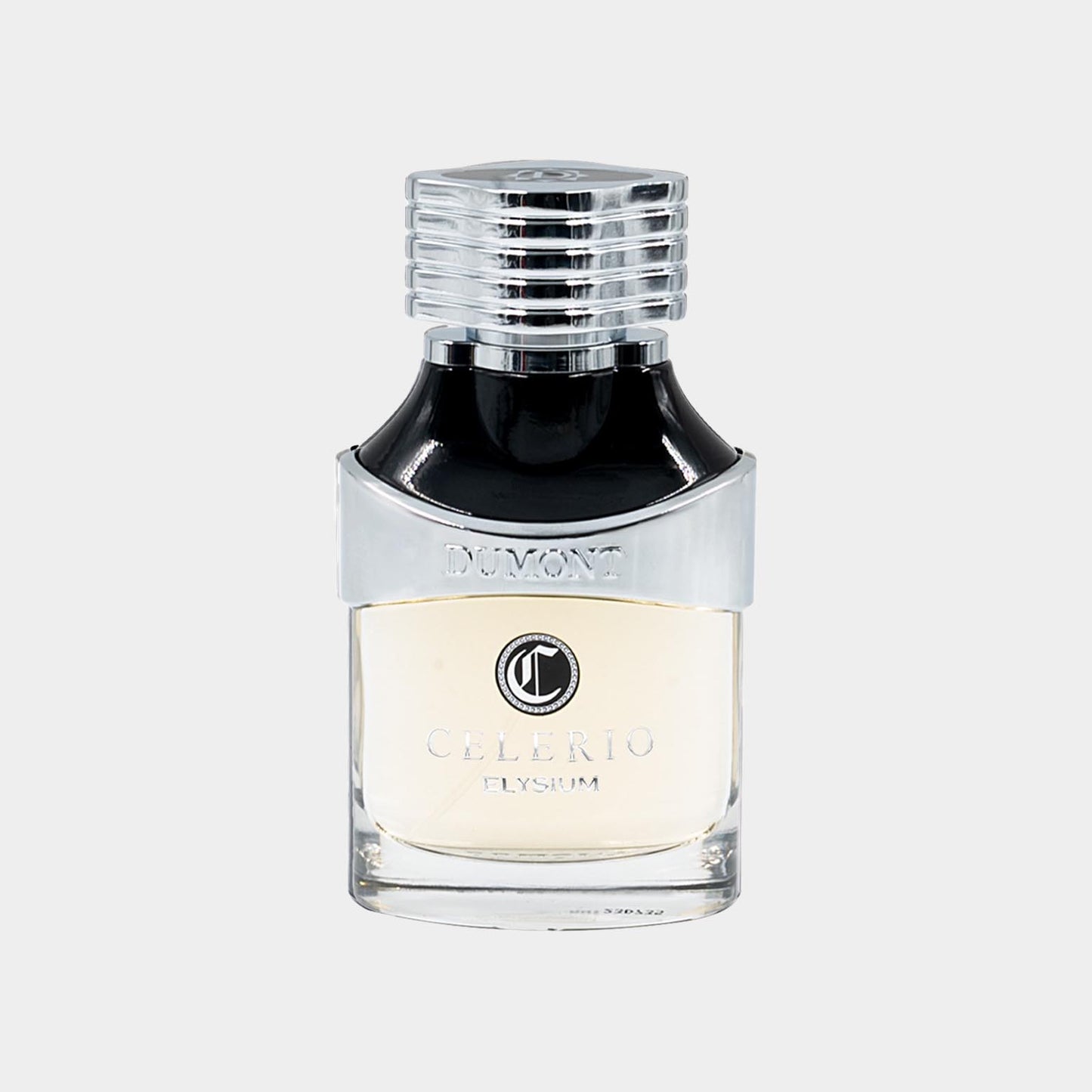 Een elegante parfumfles van Dumont Celerio Elysium, met een glanzende dop en een stijlvolle uitstraling. De fles bevat een heldere vloeistof, perfect voor een luxe geurervaring.