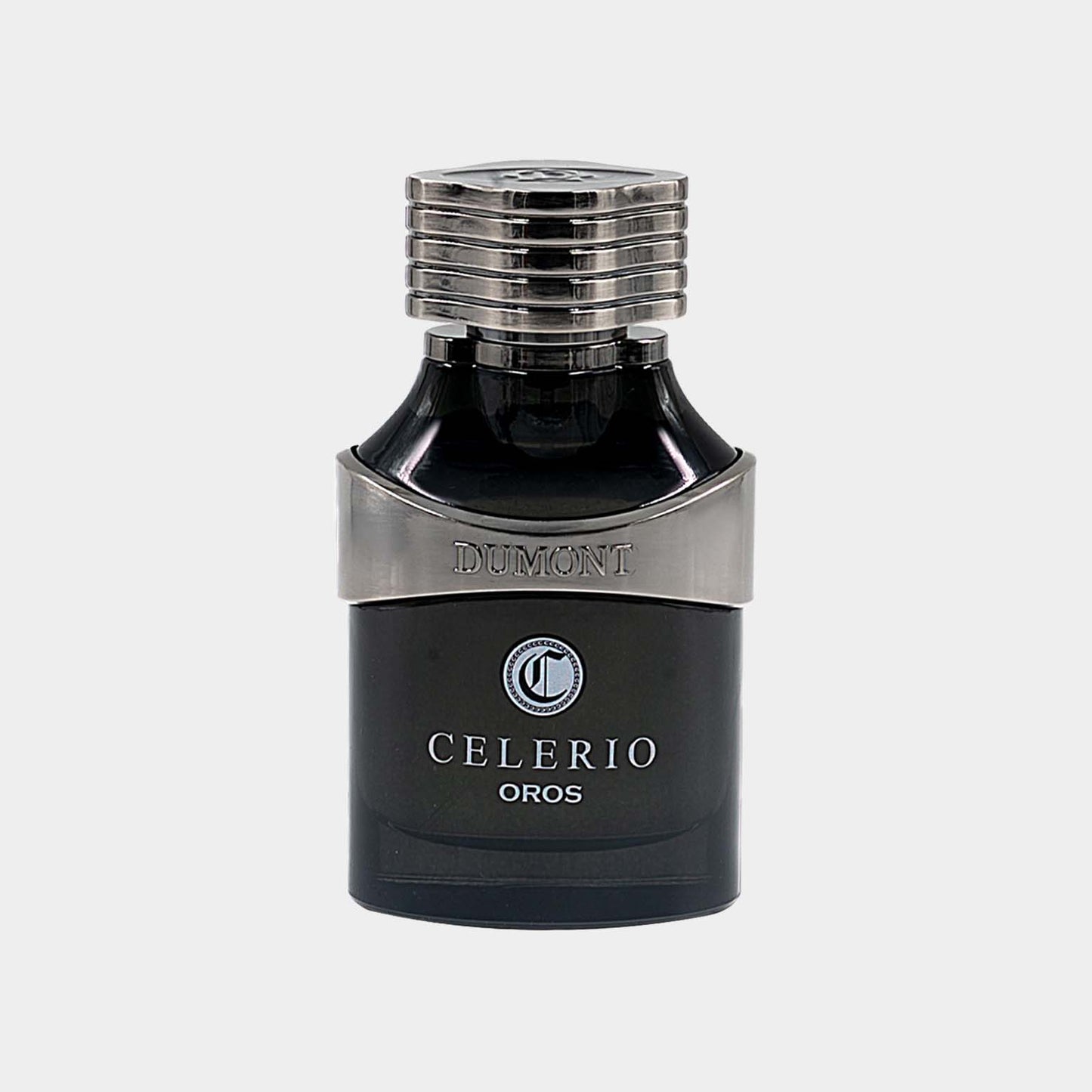 Dumont Celerio Oros Sample in a sleek, black bottle with a metallic cap, elegantly showcasing its sophisticated design.