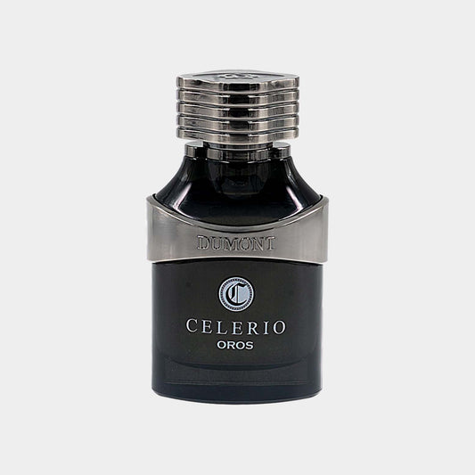 Dumont Celerio Oros full bottle, met een stijlvol zwart ontwerp en een zilveren accent op de dop.
