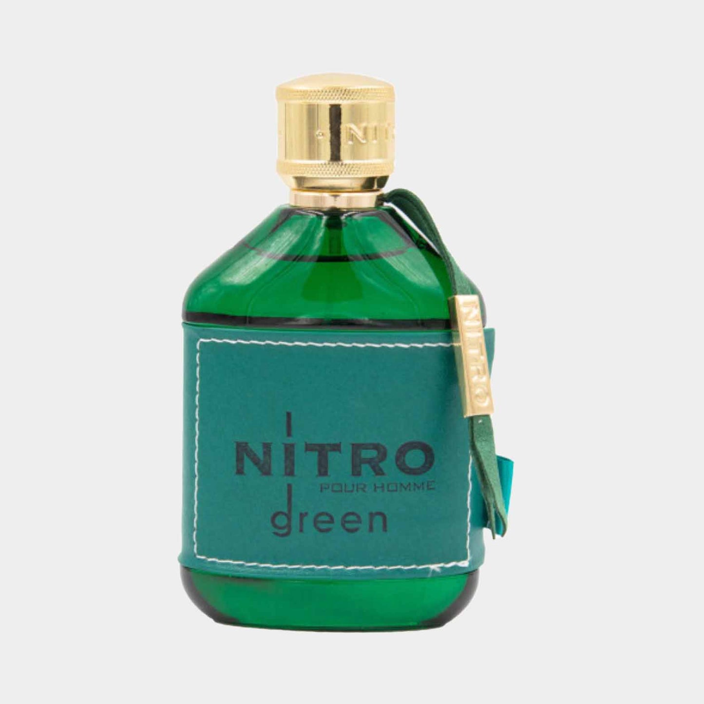 Dumont Nitro Green Sample, een opvallend groene parfumfles met een gouden dop en stijlvolle leren band. Perfect voor mannen die op zoek zijn naar een frisse geur.