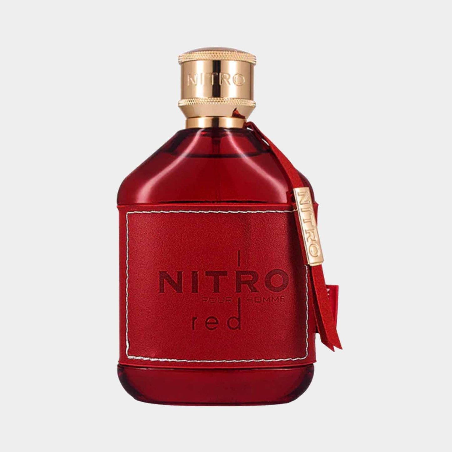 Dumont Nitro Red Full bottle, een opvallend rode geurflacon met een stijlvolle, leren band en gouden accenten.