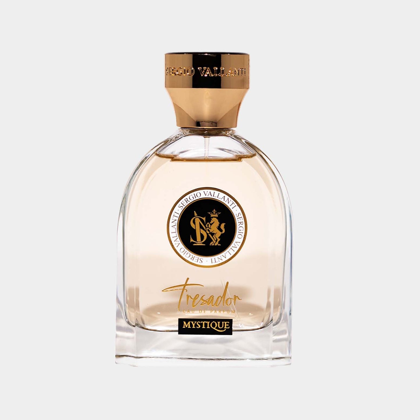 Tresador Mystique Sample - Een elegant parfum in een stijlvolle, transparante flacon met een gouden dop, perfect voor de moderne geur-liefhebber.