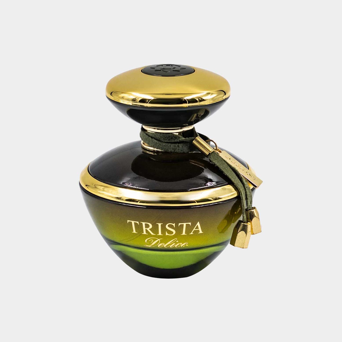 Trista Delice Sample - een elegante parfumflacon met een groen en zwart ontwerp, afgewerkt met gouden details en een stijlvol label.