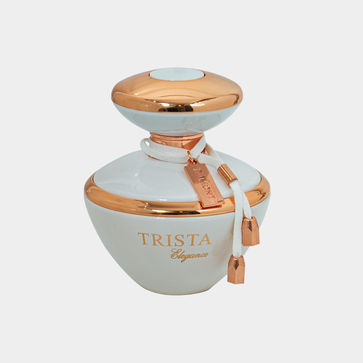 Trista Elegance volle fles parfum met een elegant ontwerp in wit en roségoud, versierd met een zachte strap en een hangtag.