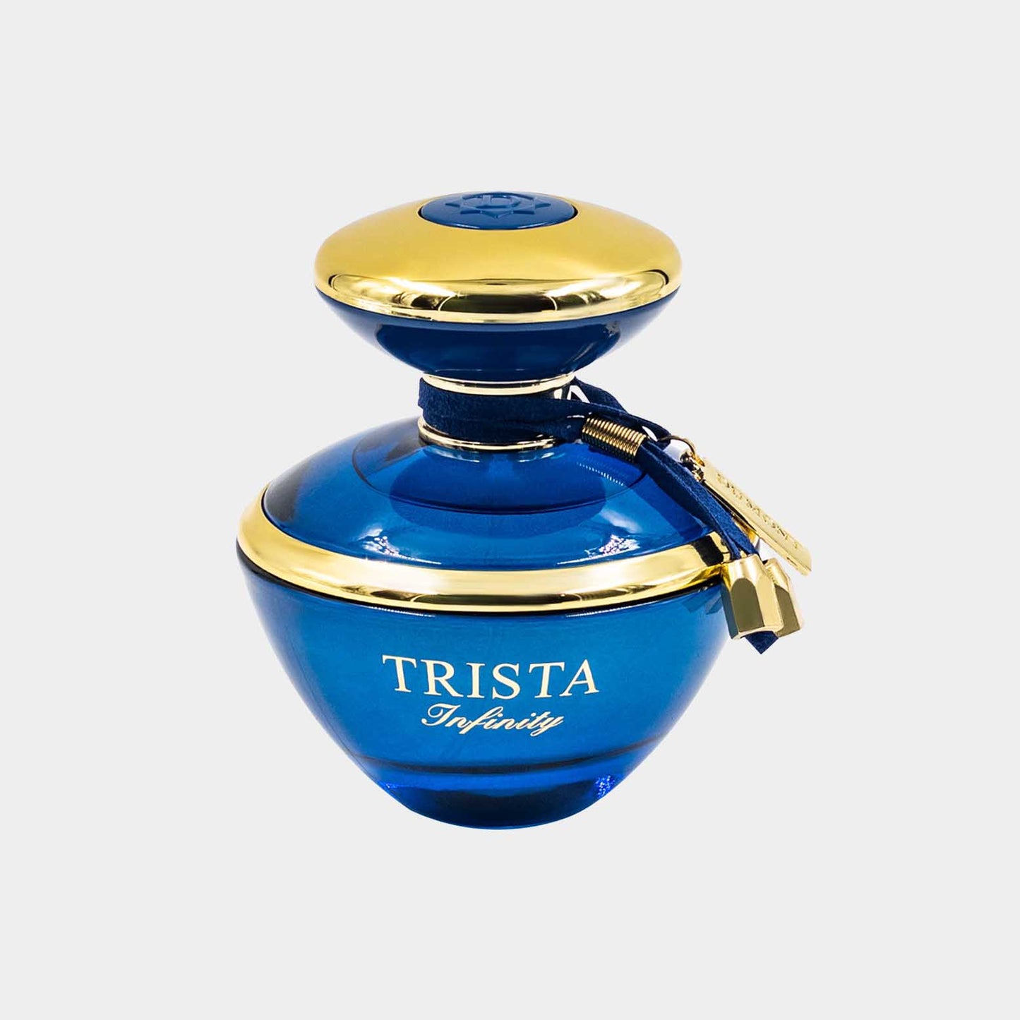 Trista Infinity Sample, een elegant en rond parfumflesje in een diepe blauwe kleur met gouden accenten en een decoratieve sluiting.