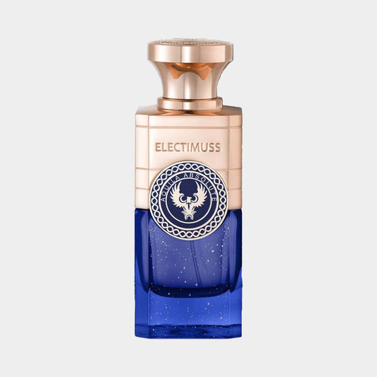 Electimuss Aquila Absolute Sample, een luxe parfumfles met een diepblauwe kleur en gouden afwerking, versierd met een opvallend embleem.
