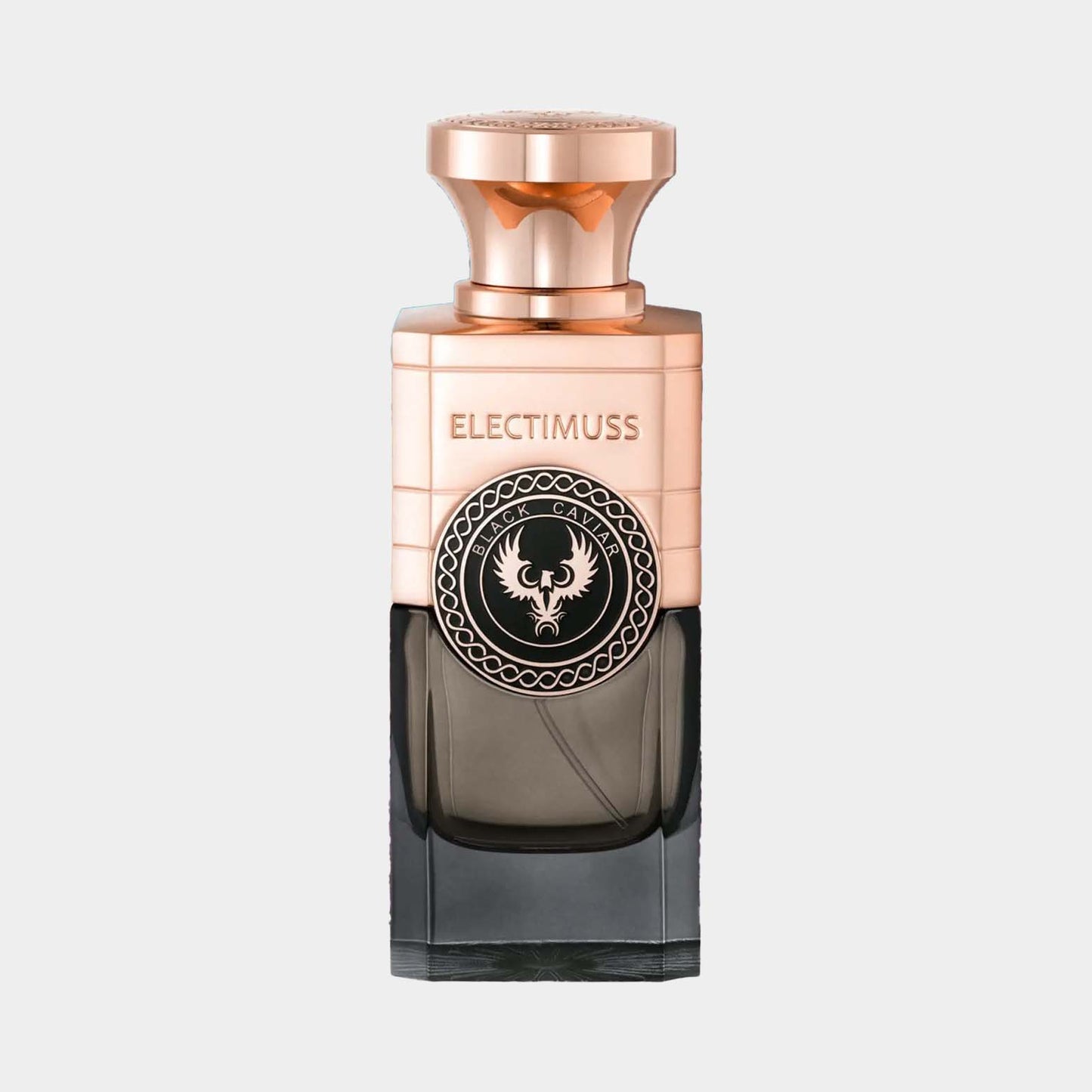 Electimuss Black Caviar Sample, een luxe parfum in een elegant flesontwerp met een gouden dop en een moderne uitstraling.
