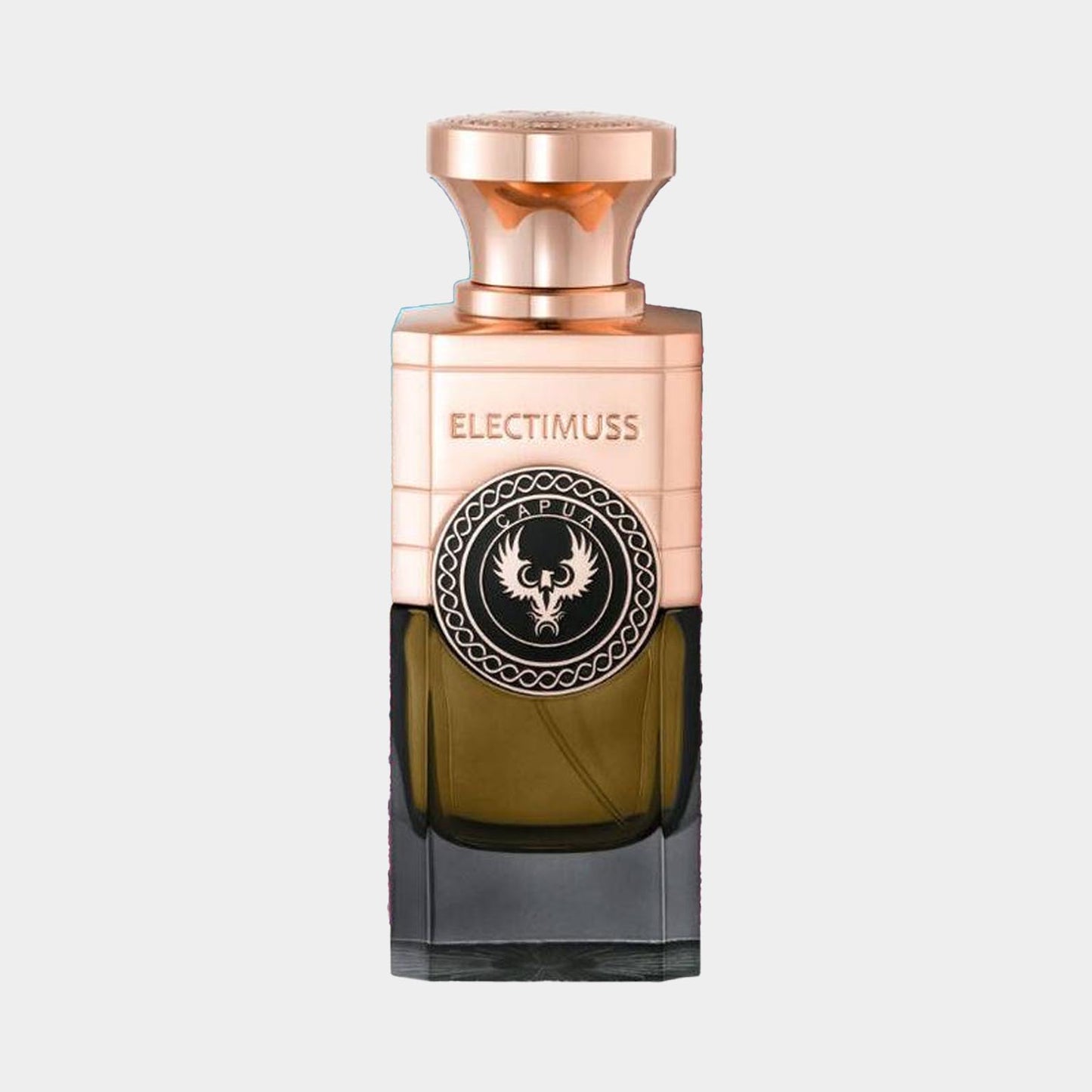 Een flesje Electimuss Capua Sample, elegant ontworpen met een gouden en zwarte kleurstelling, perfect voor parfumliefhebbers. De fles heeft een luxe uitstraling met een opvallende doch verfijnde afwerking.