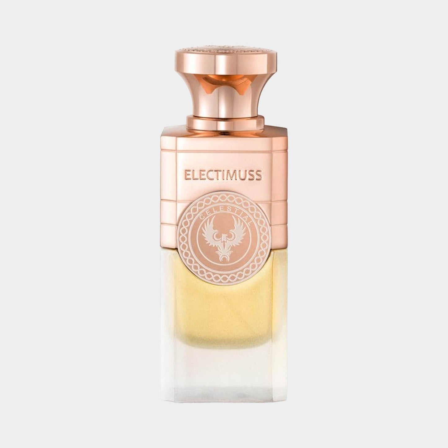Een volledige fles Electimuss Celestial, elegant vormgegeven met een gouden en transparante onderkant en een stijlvolle dop. Het ontwerp straalt luxe en verfijning uit.