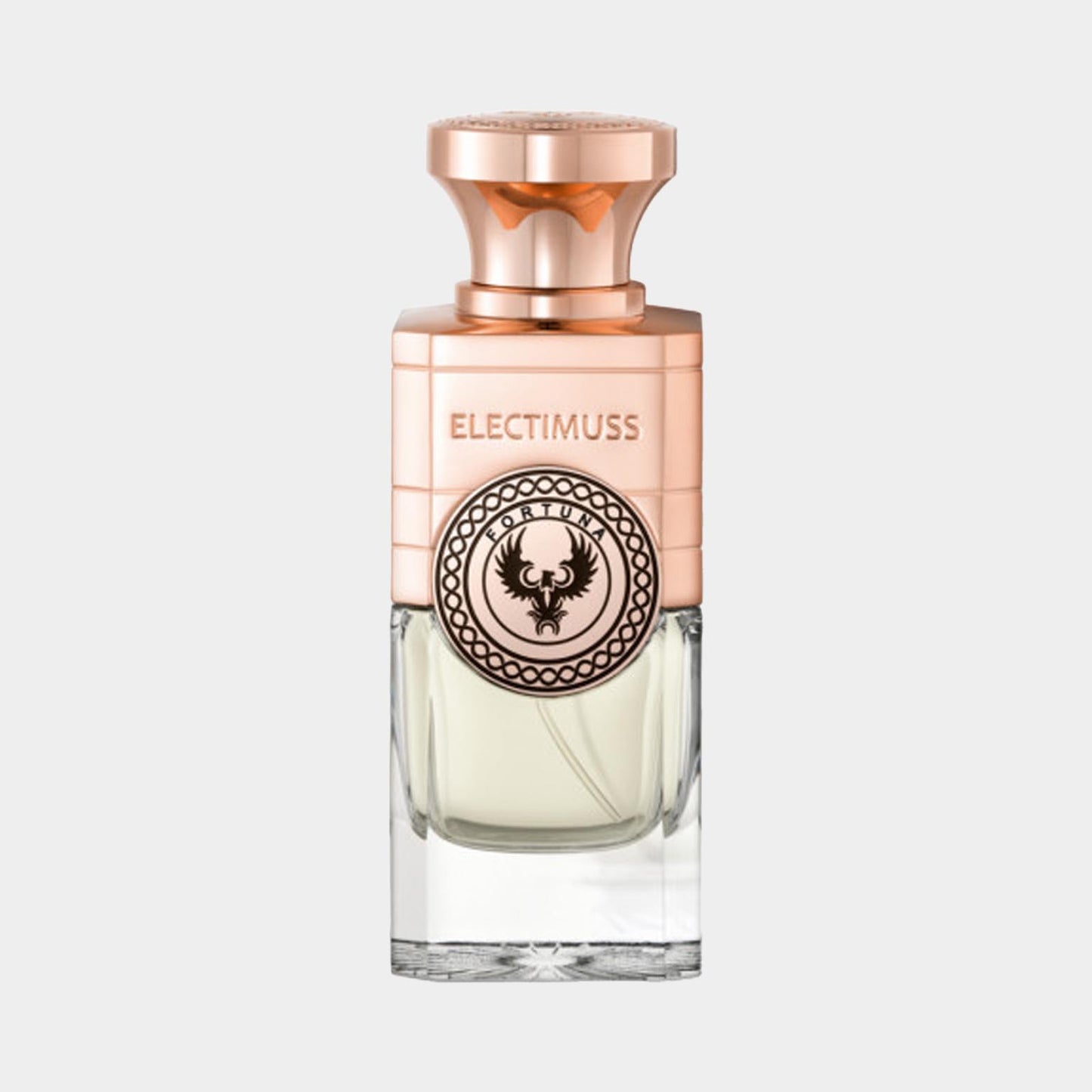 Electimuss Fortuna Sample, een verfijnde parfumflacon met een elegante gouden dop en een gedetailleerd embleem, perfect voor liefhebbers van luxe geuren.