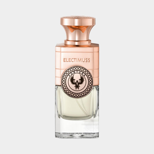 Electimuss Fortuna Full bottle, een luxe parfum in een elegant glazen fles met een gouden dop en een sierlijk etiket.