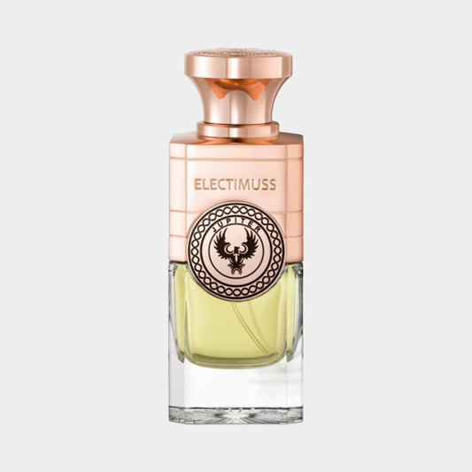 Volledige fles van Electimuss Jupiter, met een elegant ontwerp in rosƩgoud en transparant glas, waardoor de lichtgele parfumkleur goed zichtbaar is.