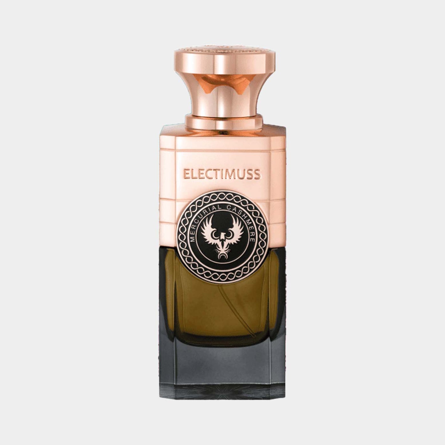 Sample van Electimuss Mercurial Cashmere, een luxueuze geur in een verfijnde flacon met een gouden en groene afwerking.