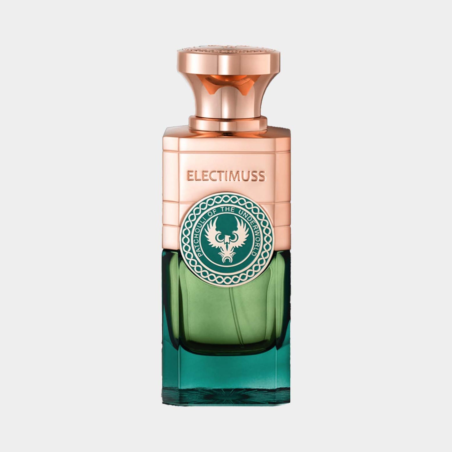 Electimuss Patchouli of The Underworld sample, met een elegante flacon in een groene en rosé gouden afwerking, perfect voor een luxe geurervaring.