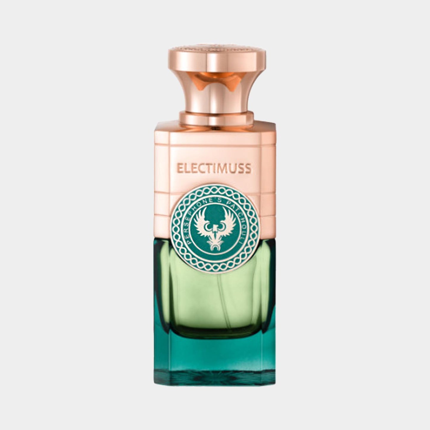 Electimuss Persephones Patchouli Sample, een elegante parfumfles met een groene en rosegouden kleur, ontworpen voor een luxe geurervaring.