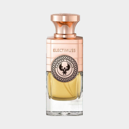Een elegant parfumflesje van Electimuss Pomona Vitalis, met een gouden vloeistof en een decoratieve dop in roze tinten, perfect voor een luxe geurervaring.