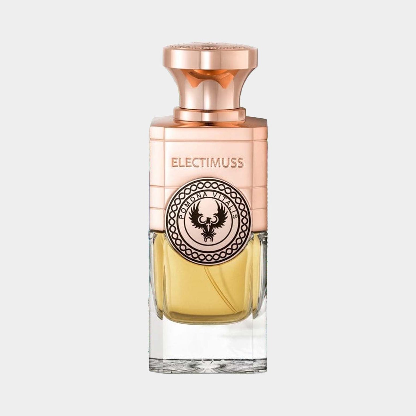 Full bottle of Electimuss Pomona Vitalis, featuring an elegant design with a rose gold cap and the Electimuss emblem on a clear glass base.