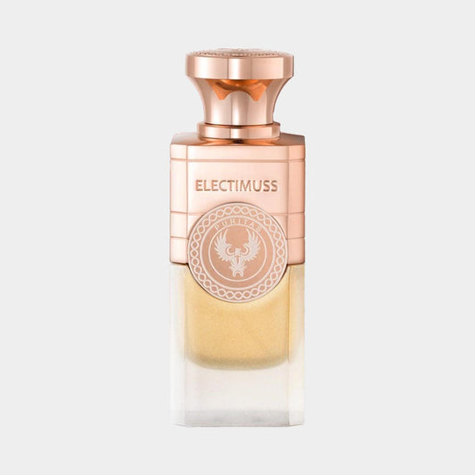 Electimuss Puritas Full bottle, een elegant en luxe parfumfles met een gouden en transparante afwerking, uitgestrald met verfijning.