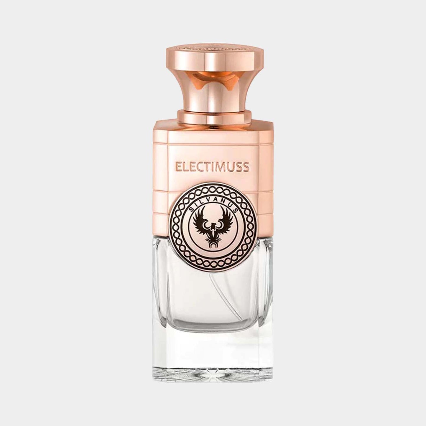 Volledige fles Electimuss Silvanus, met een elegant ontwerp en een gouden dop. Deze geur combineert luxe met verfijning.