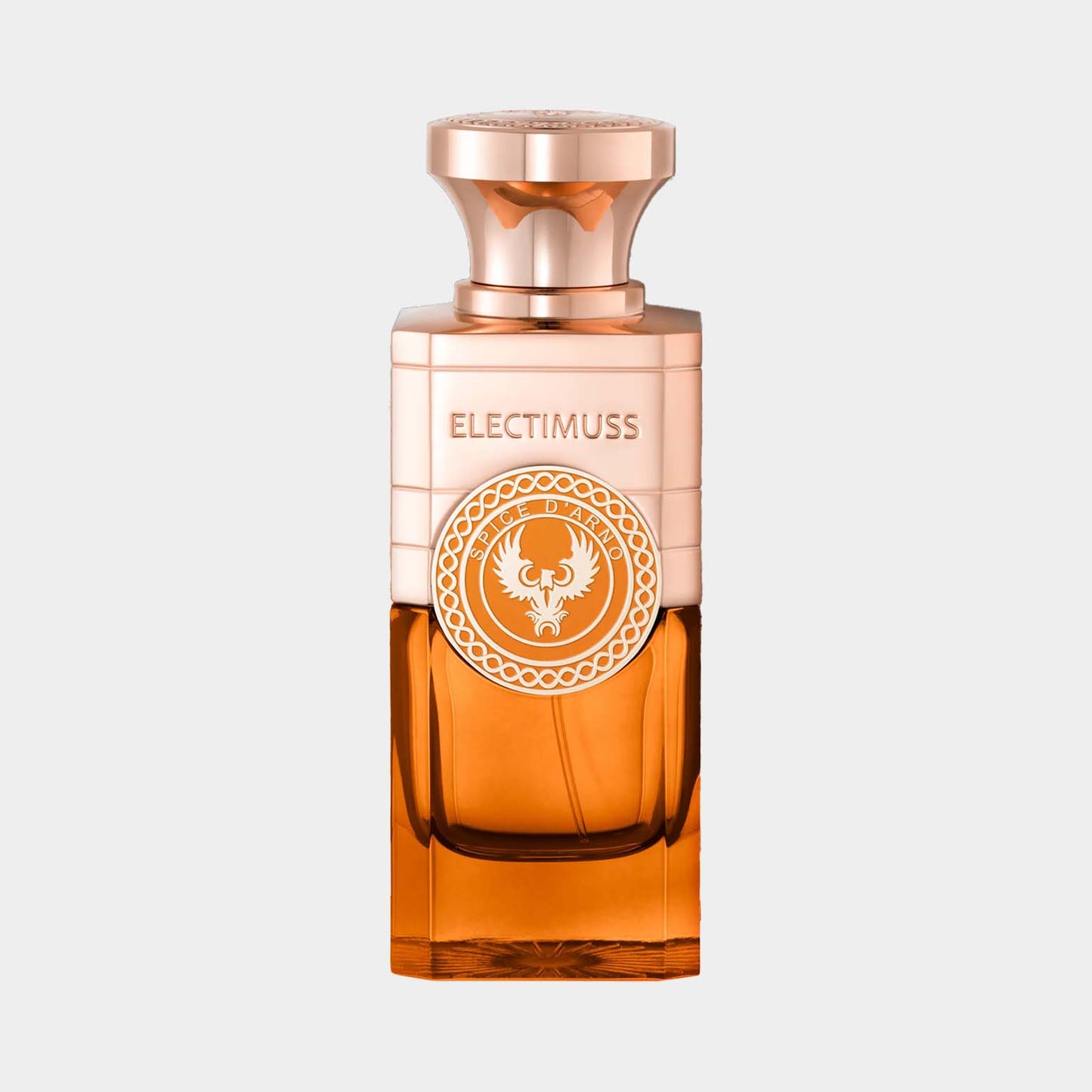 Flesje van Electimuss Spice DArno Sample, een luxe parfum met een elegante roségouden verpakking en een verfijnde uitstraling.