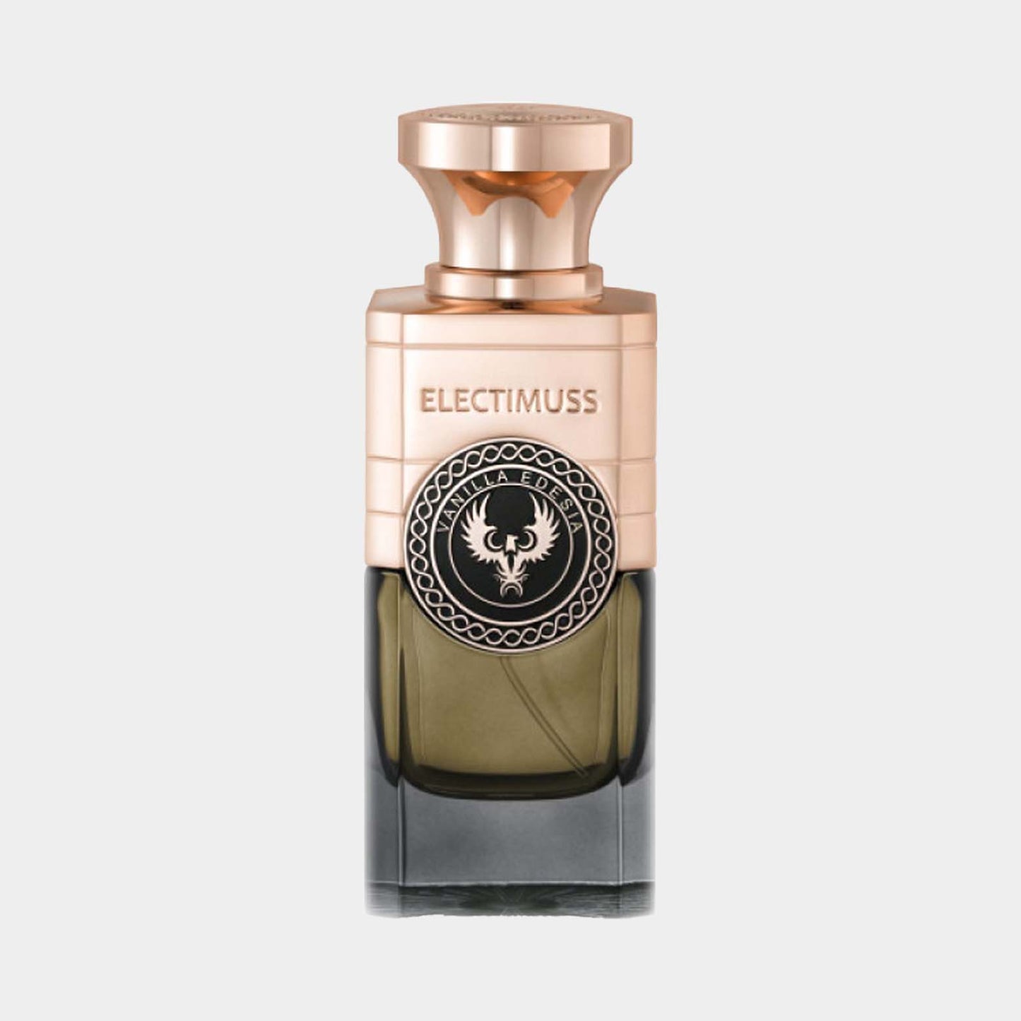 Volledige fles Electimuss Vanilla Edesia, een elegant parfum met een luxe ontwerp en zwarte accenten.