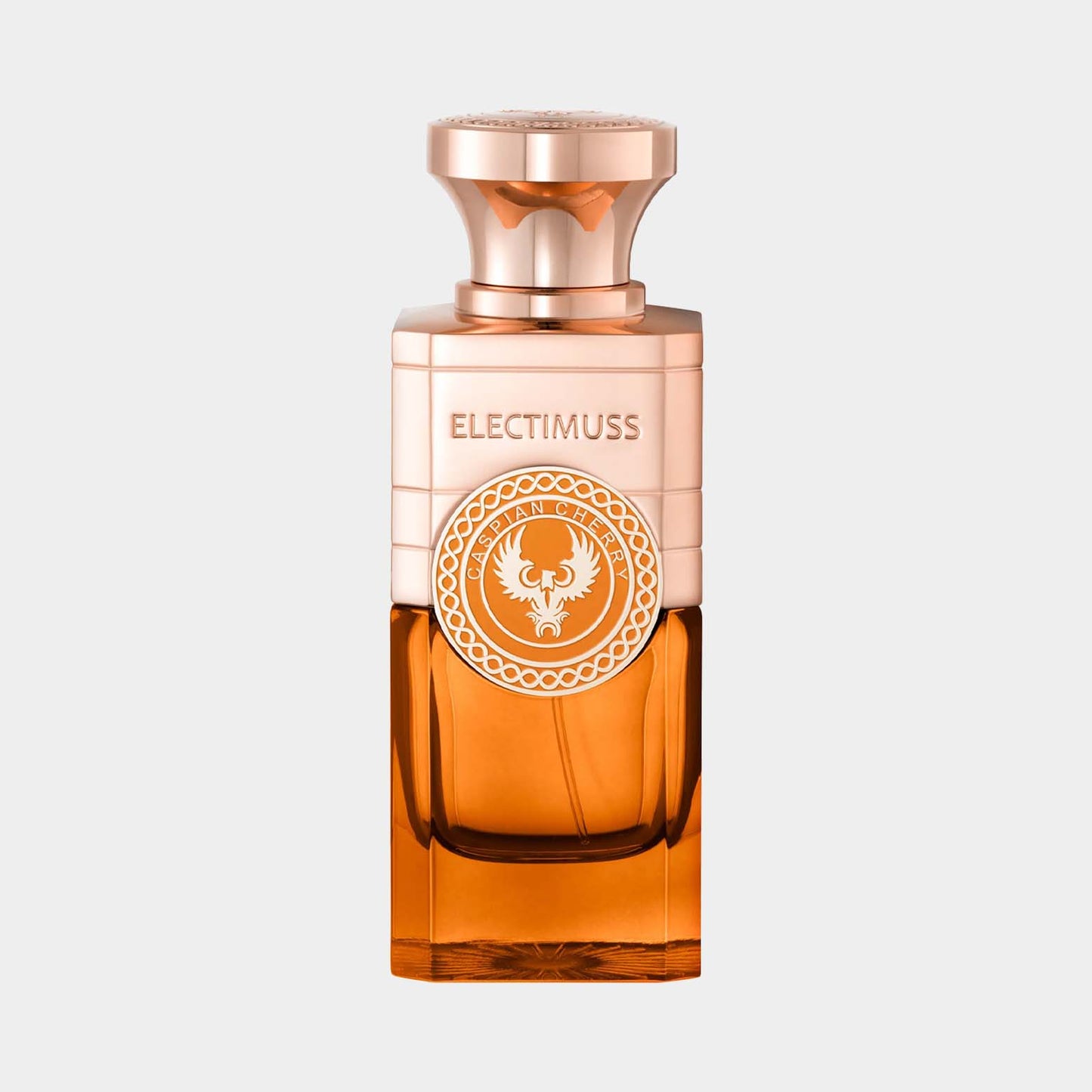 Electimuss Caspian Cherry Sample, een luxueuze parfumfles met een gouden en oranje tint, ideaal voor liefhebbers van unieke geurervaringen.