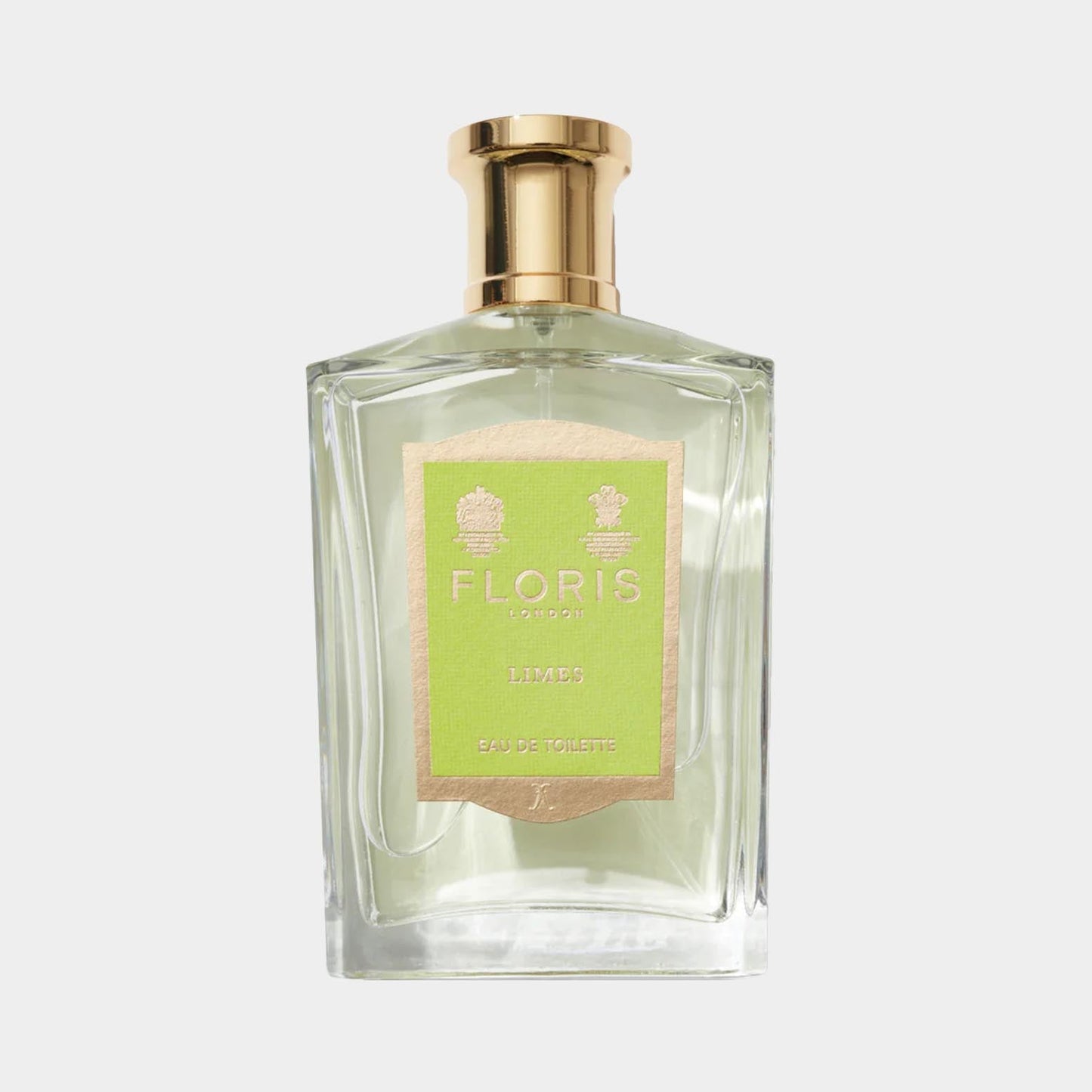 Floris London Limes volledig flesje, een elegant parfum in een helder glazen flacon met een frisse groene label.