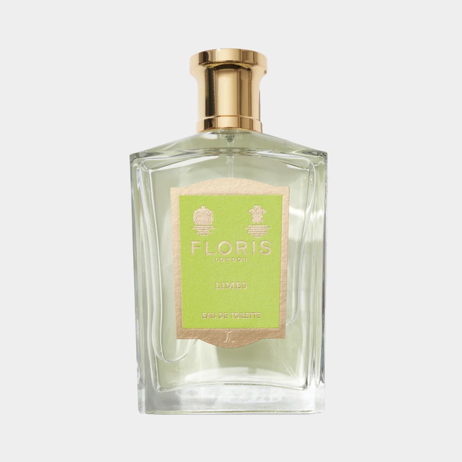 Floris London Limes volledig flesje, een elegant parfum in een helder glazen flacon met een frisse groene label.