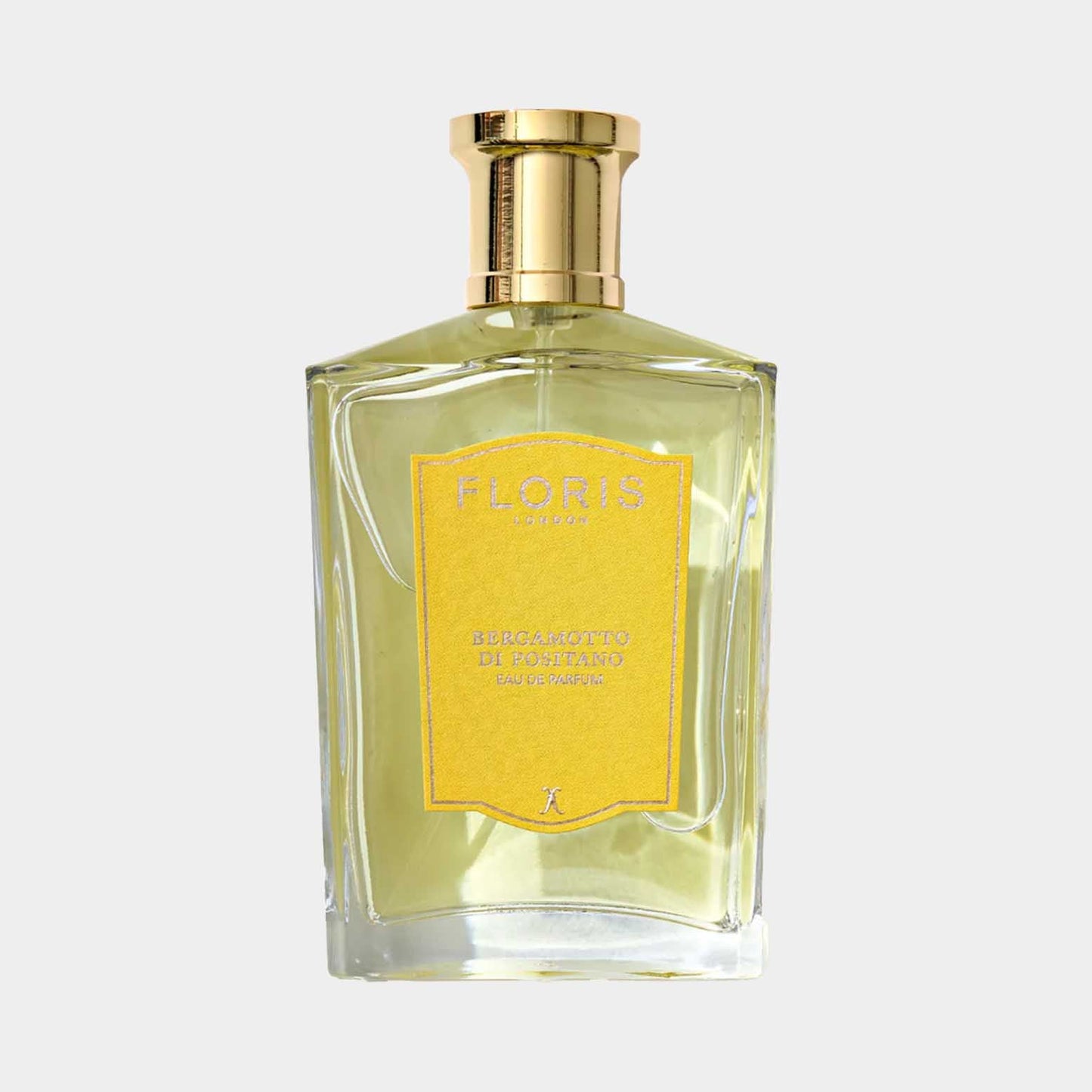 Floris London Bergamotto Di Positano sample, een elegant parfum in een glazen flacon met gouden details en een gele etiket, perfect voor een verfrissende geurervaring.