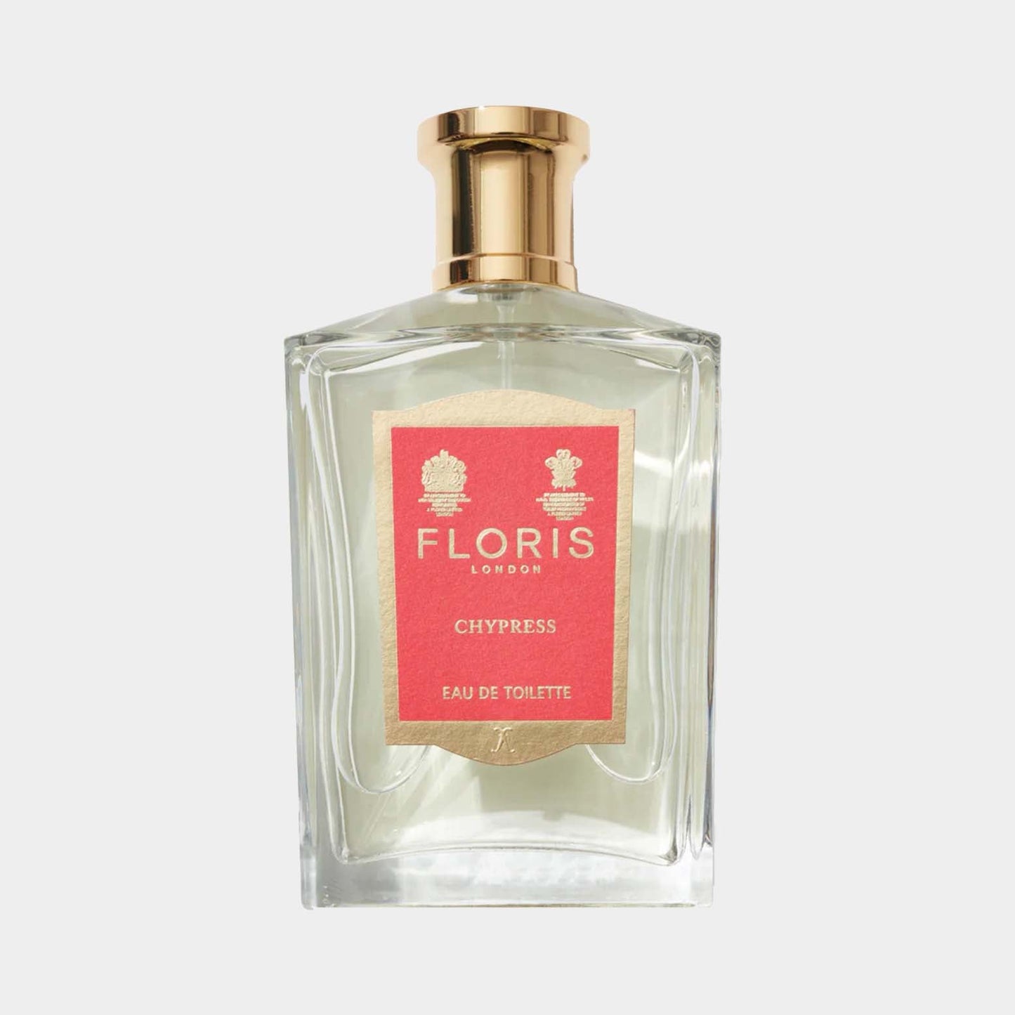 Floris London Chypress Sample, een elegante Eau de Toilette in een iconische, transparante flacon met een gouden dop en een opvallend, roze etiket.