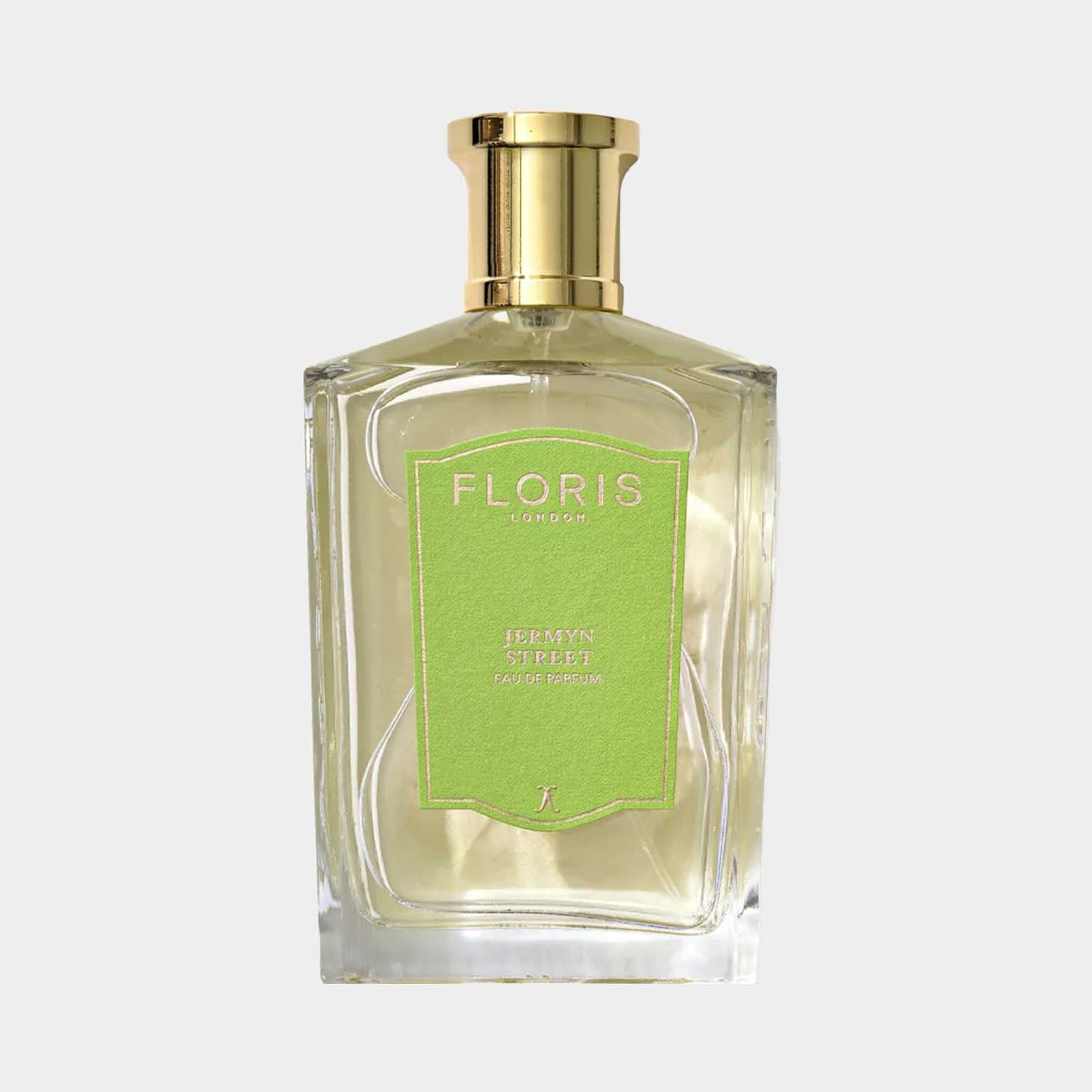 Floris London Jermyn Street Sample, een elegant parfum in een helder glazen fles met een gouden dop en een frisse groene label.