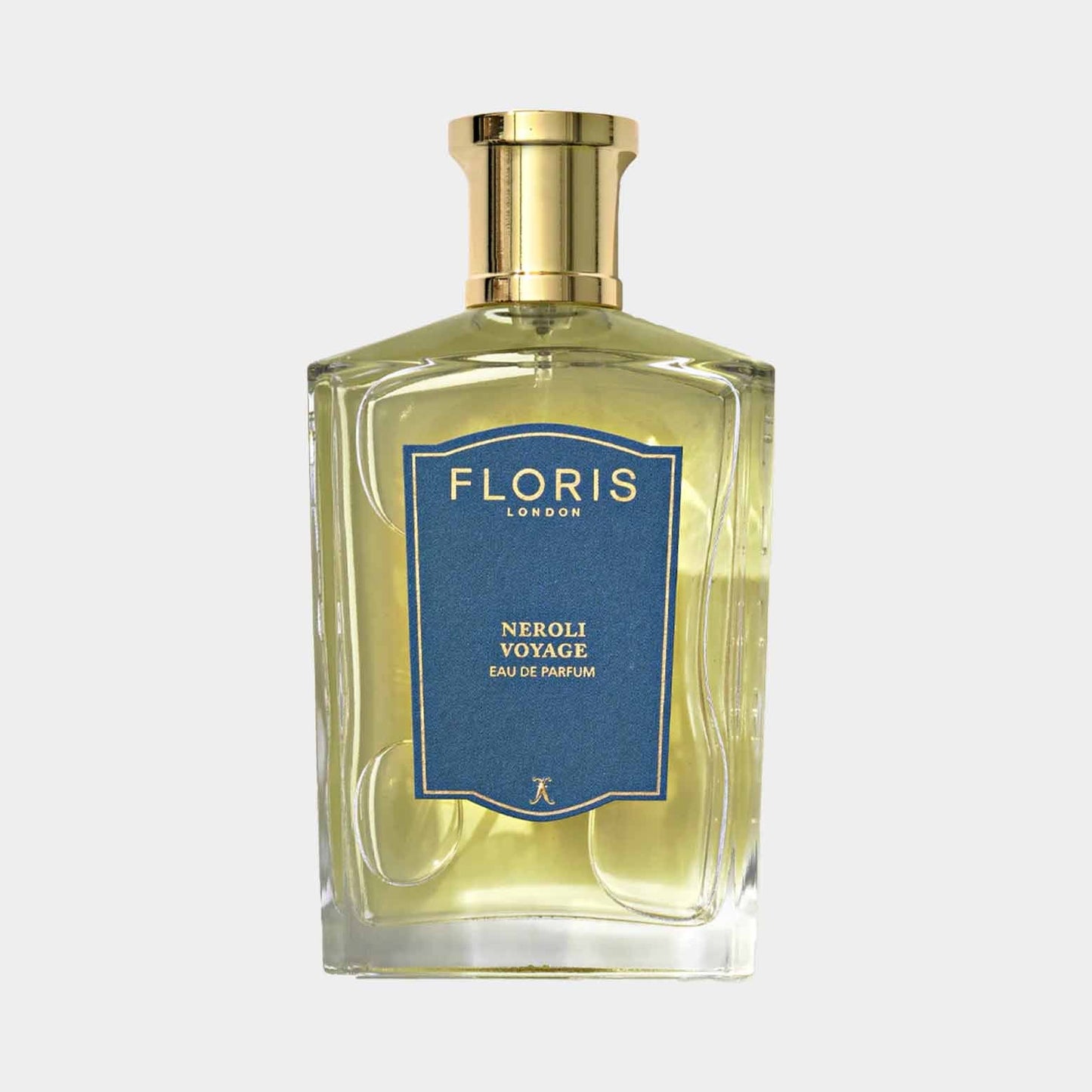 Floris London Neroli Voyage volle fles, een elegante geur geflankeerd door een stijlvol glazen ontwerp en een gouden dop.