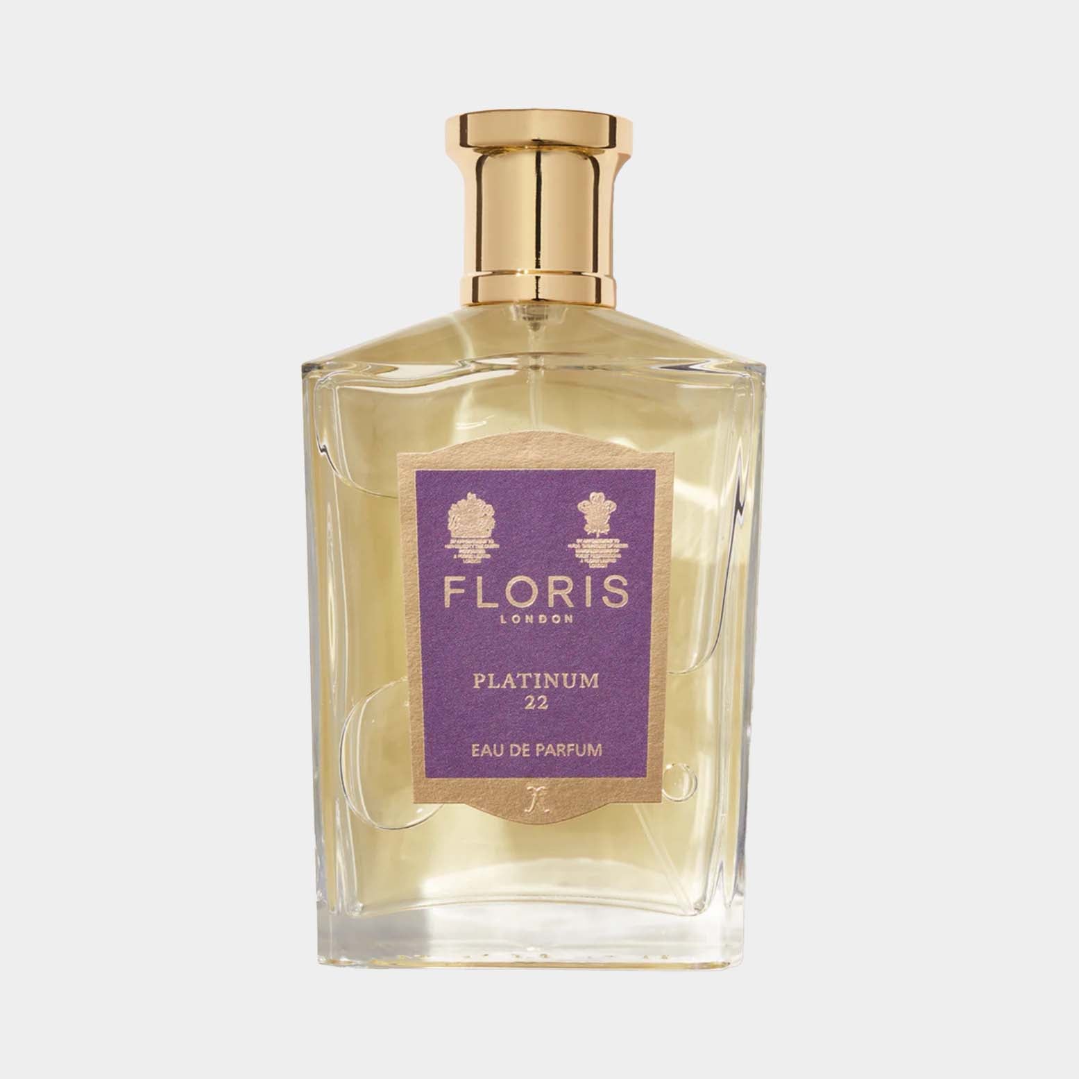 Floris London Platinum 22 Sample is een elegant flesje eau de parfum met een luxe uitstraling, voorzien van een purperen label en gouden dop.